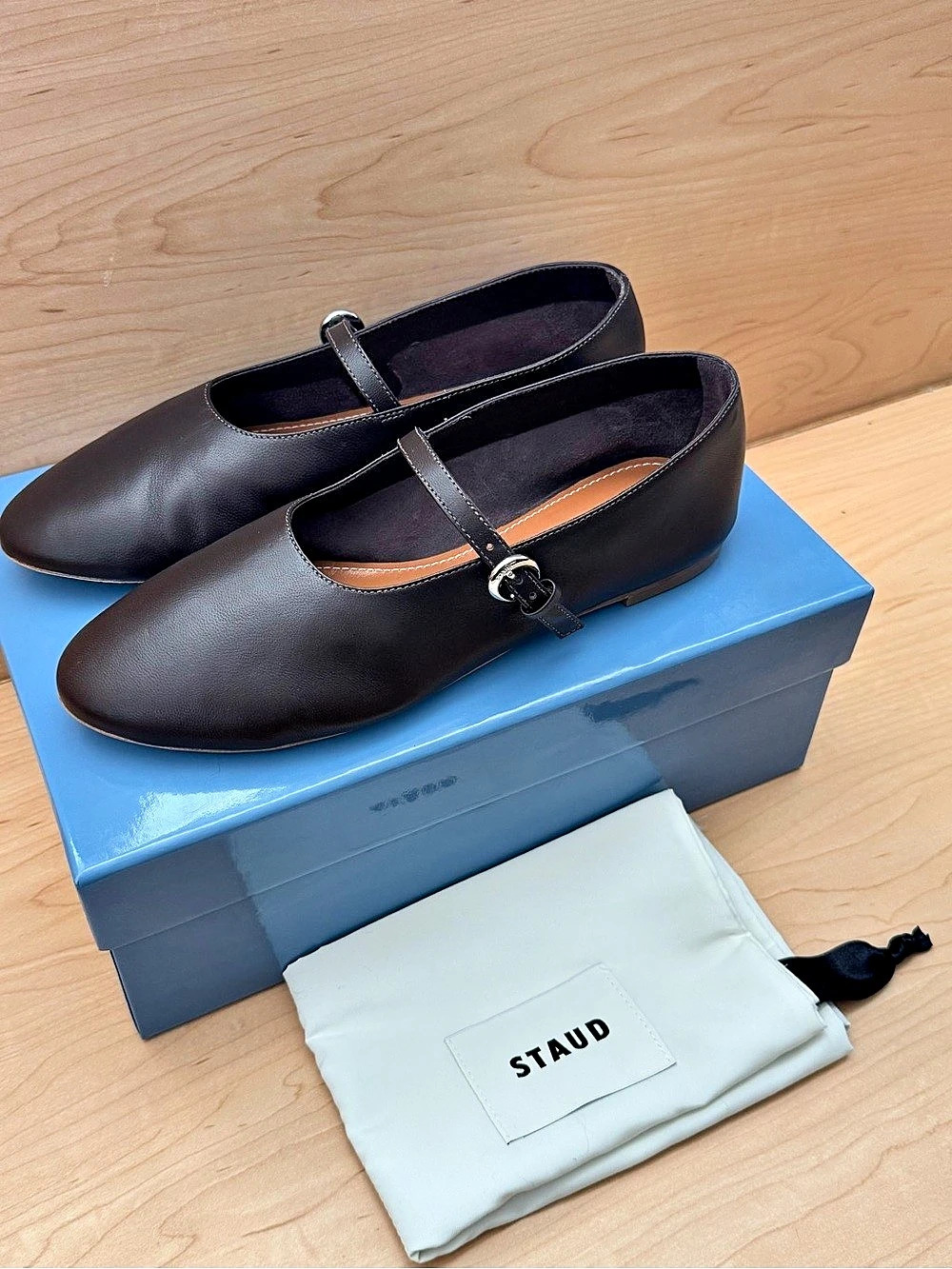 STAUD Alba Leather Mary Jane Ballet Flats in Espresso EU 39 - New